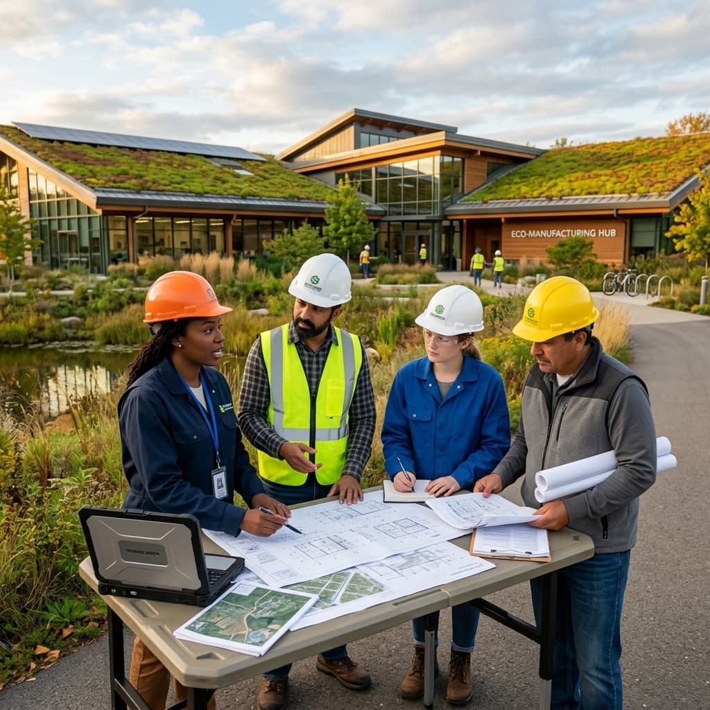 Engineers planning at sustainable facility
