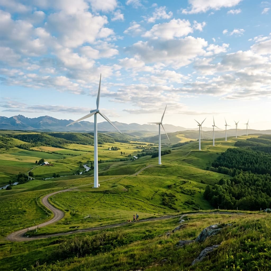 Lush green valley with wind turbines